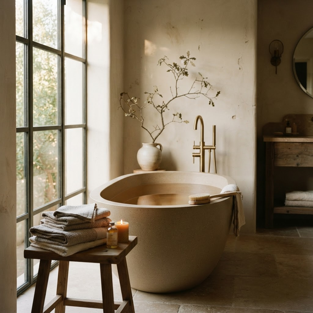 Freestanding stone bathtub with brass fixtures