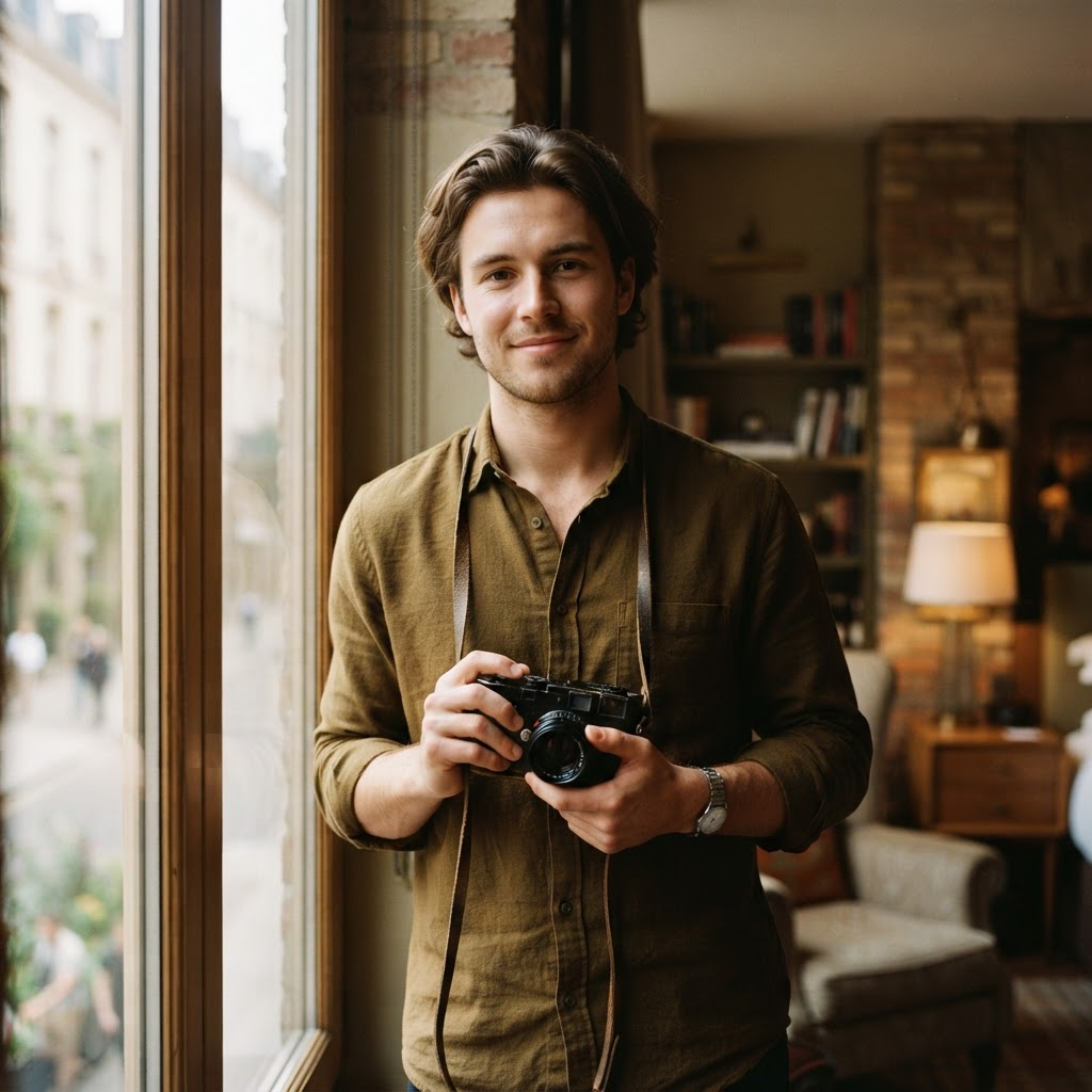 Cameron, Creative Director of PNH Productions, holding a vintage film camera