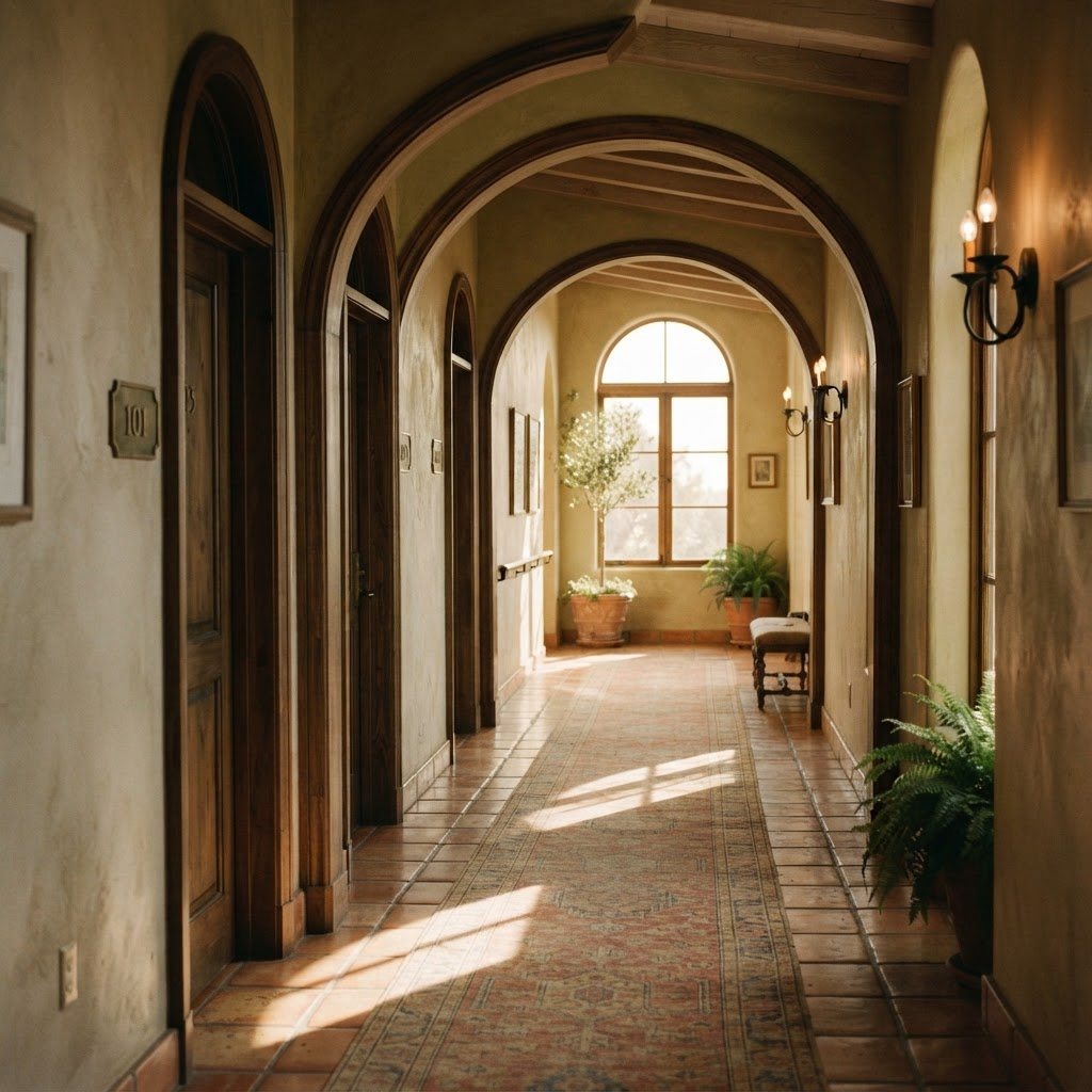 Sunlit boutique hotel corridor with arched doorways