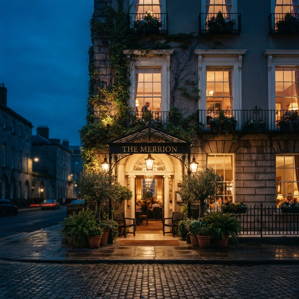 Hotel facade with warm glowing windows at twilight