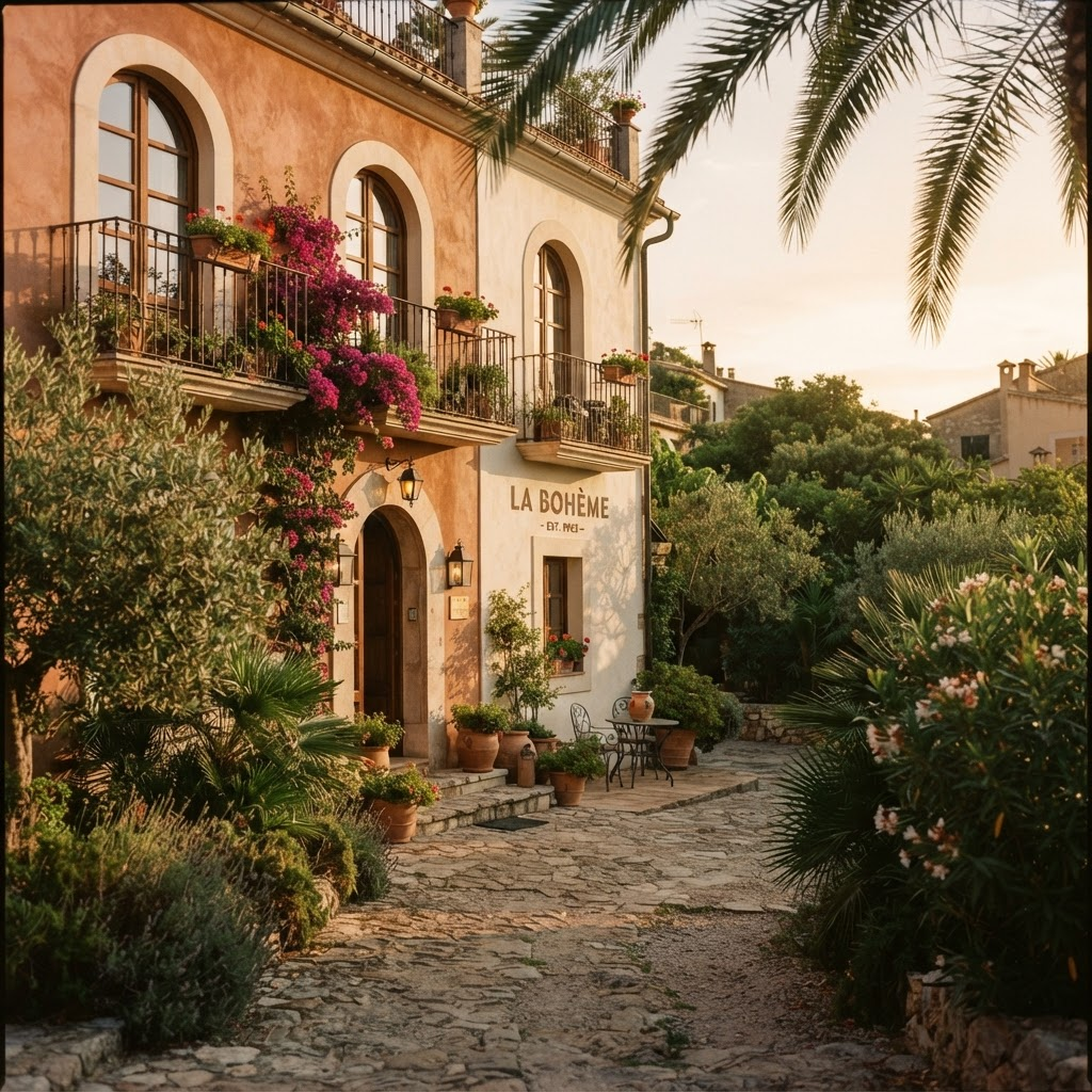 Boutique hotel exterior glowing at golden hour
