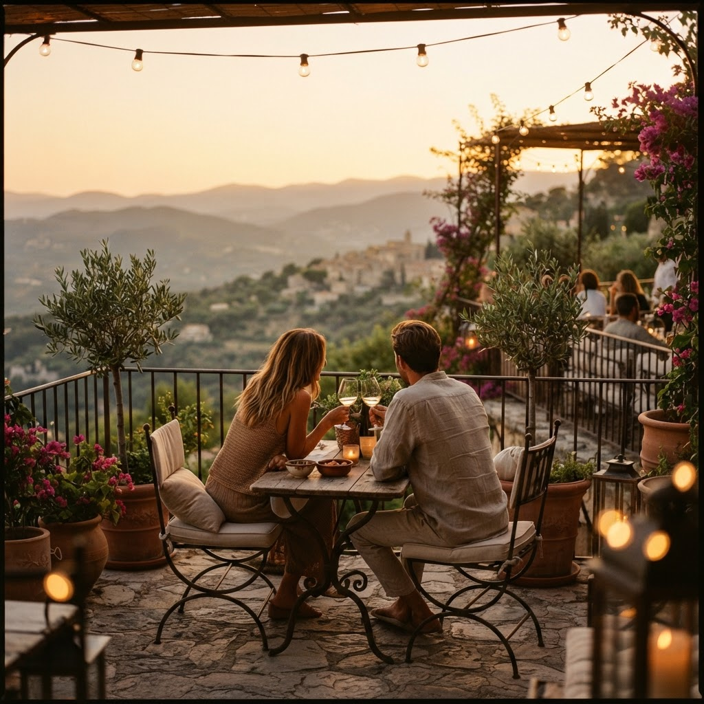 Couple relaxing on a rooftop terrace at golden hour