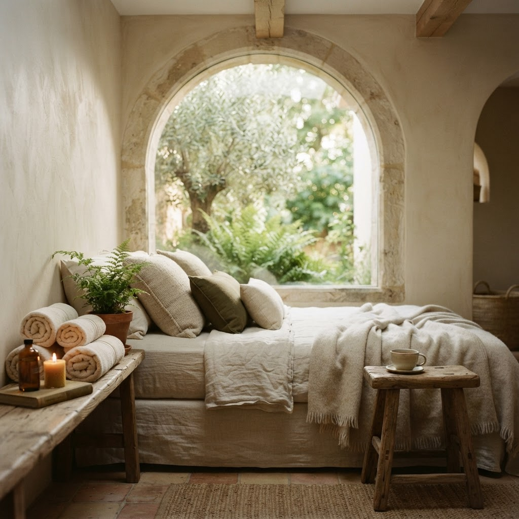 Spa relaxation nook with linen daybed and arched window